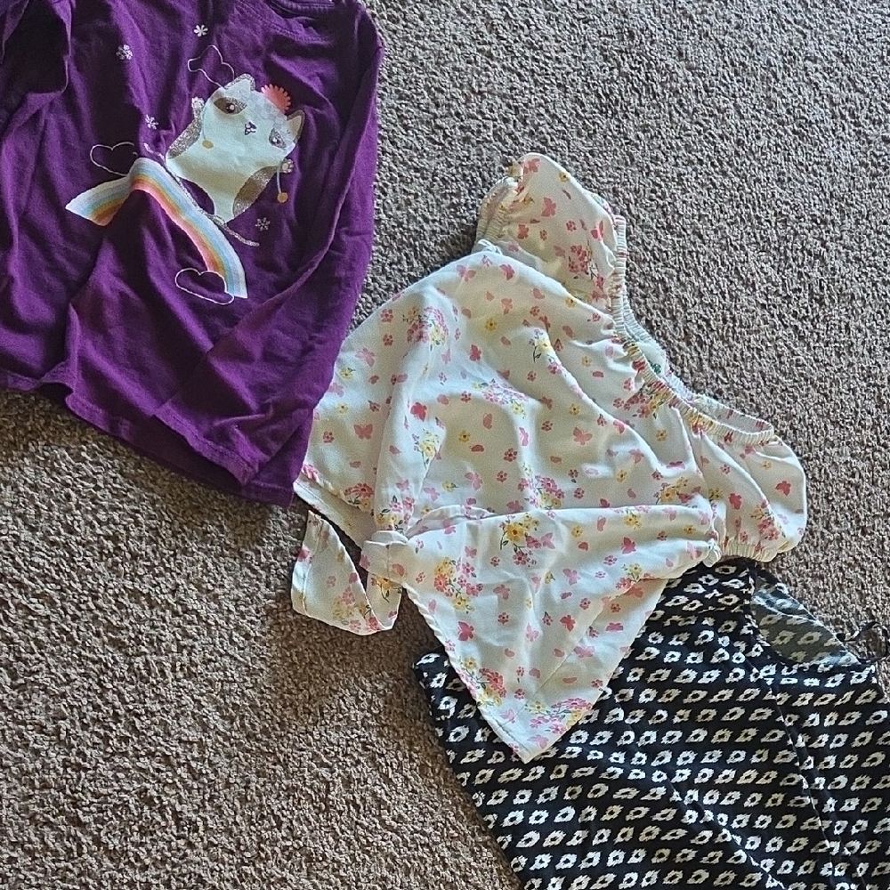 Purple Graphic Tee, Floral Blouse, and Patterned Skirt Set